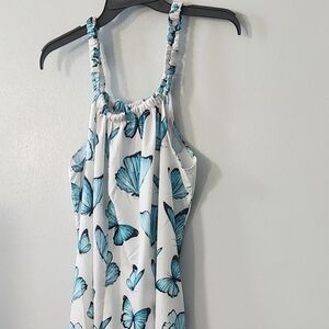 Beautiful Vibrant White Dress with Blue Butterfly Print Women's Dress